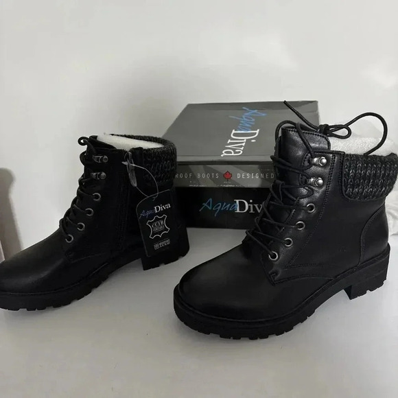 Aqua Diva Britt Leather Zip Lace Boots Black S36 Water Resistant Canadian Design - Picture 1 of 9